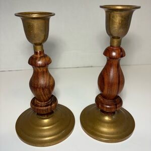MCM Vtg Wood Brass Candlesticks Candle Holders Tapers Set Of Two 6”H